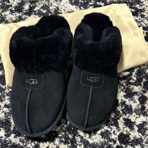UGG Black Suede Plush Cuff Slip-On Slippers